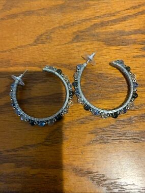 Silver Hoop Earrings with Blue Crystal Accents